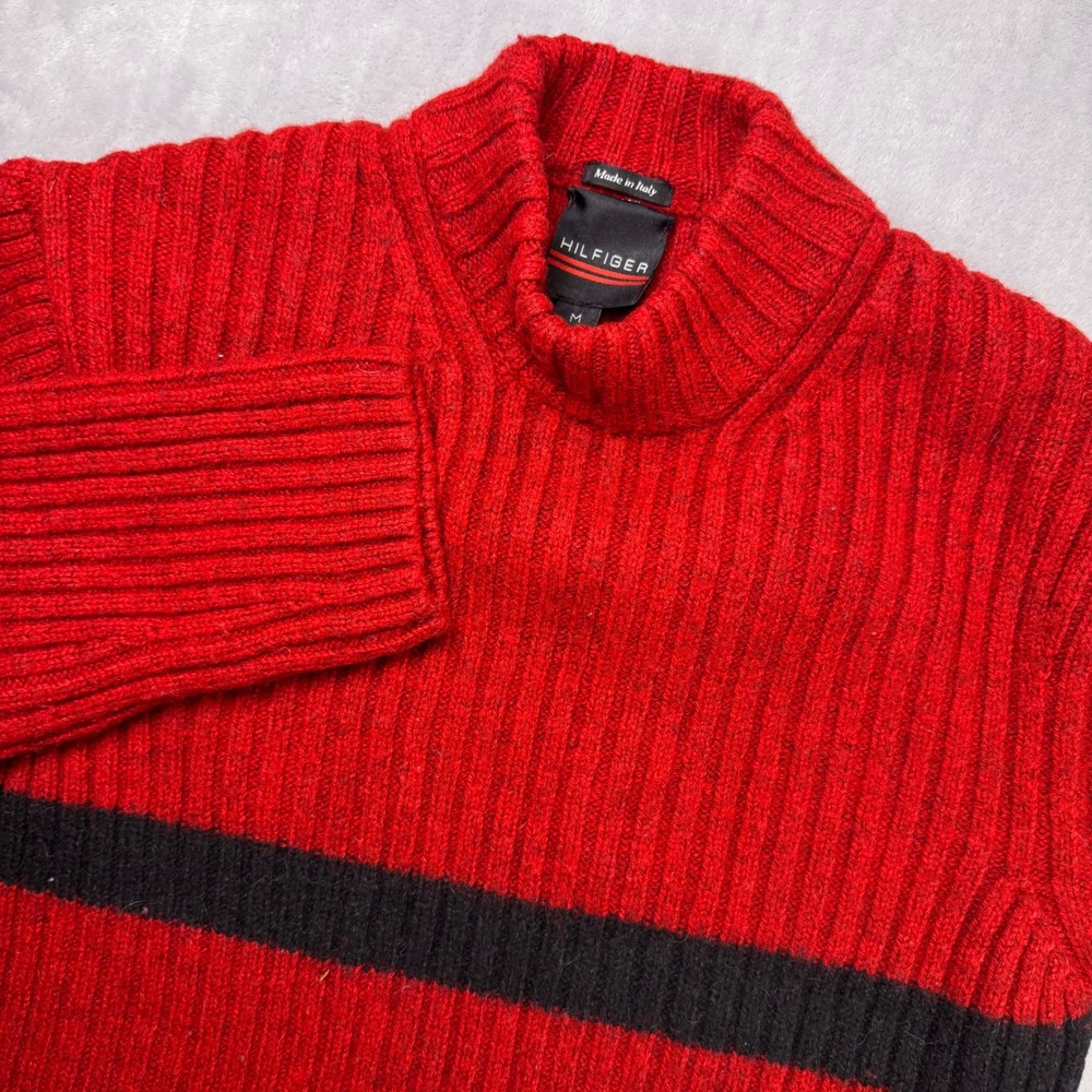 Tommy Hilfiger Red Black Stripe US Ski Team Mock Neck Sweater‎ Mens M Made Italy